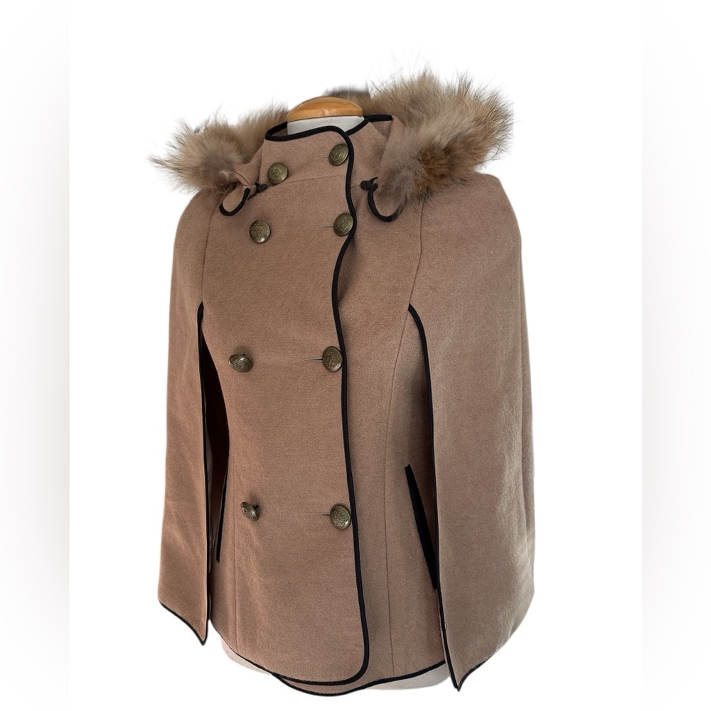 Women's Tan Cape Coat with Detachable Faux Fur Trim Hood - Picture 7 of 11